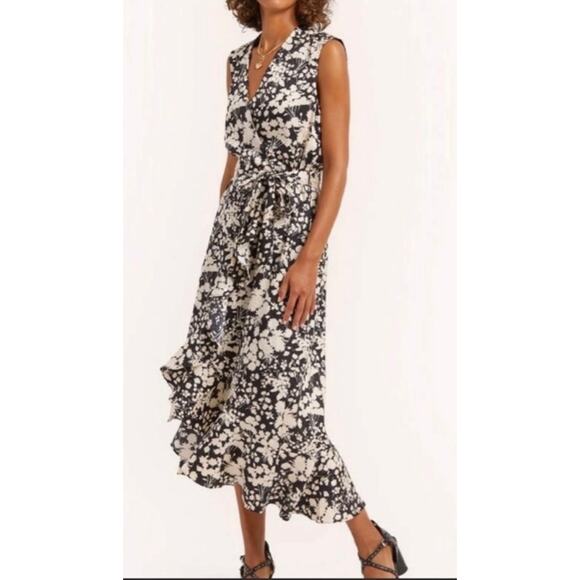 Rebecca Minkoff Dresses & Skirts - Rebecca Minkoff Assia Faux-Wrap Midi Dress Size S Black Cream Floral Flounce